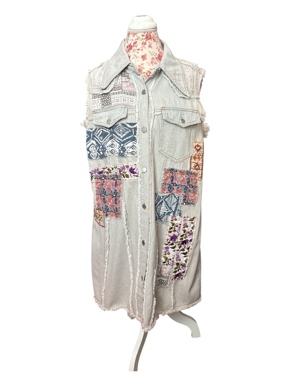 POL Patchwork Oversized Denim Long Vest